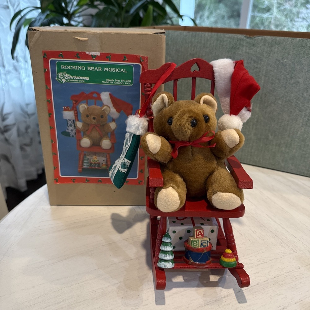 Vtg Teddy Bear in Rocking Chair Music Box Christmas Around the World 1980s Works